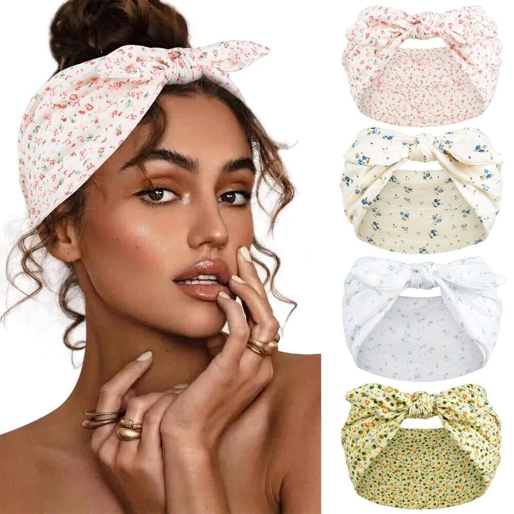 Women's Floral Printed Wide Headbands 4 Pack Non Slip Elastic Hair Accessories